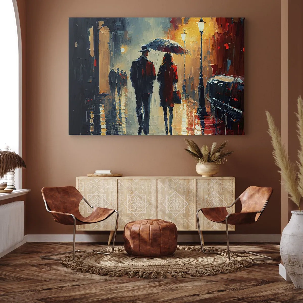 Bild auf Leinwand - Leinwandbild - Nachts im Regen unter einem Regenschirm in der Stadt spazieren gehen - 100x70cm - Urbane Liebesgeschichte - Moderne Wanddekoration für Wohnzimmer und Schlafzimmer ARTTOR