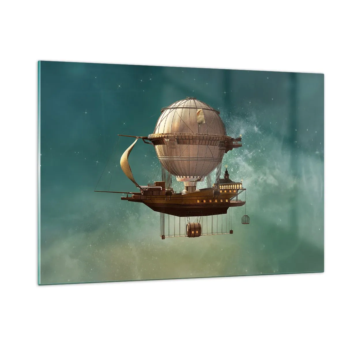 Glasbild - Bild auf glas - Ein fliegendes Luftschiff mit einem Haus im Retro-Stil am Himmel - 120x80cm - Jules Verne sagt Hallo - Moderne Wanddekoration für Wohnzimmer und Schlafzimmer ARTTOR