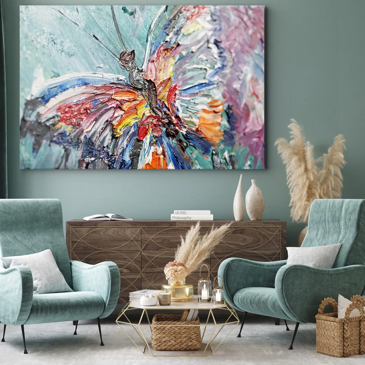 Bild auf Leinwand - Leinwandbild - Bunter Impasto-Schmetterling auf pastellfarbenem Hintergrund - 70x50cm - Von der Natur gemalt - Moderne Wanddekoration für Wohnzimmer und Schlafzimmer ARTTOR