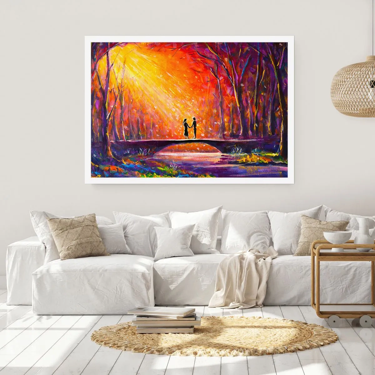 Poster - Romantisches Paar auf einer Brücke im herbstlichen Wald - 100x70cm - Der Himmel liebt sie auch - Moderne Wanddekoration für Wohnzimmer und Schlafzimmer ARTTOR