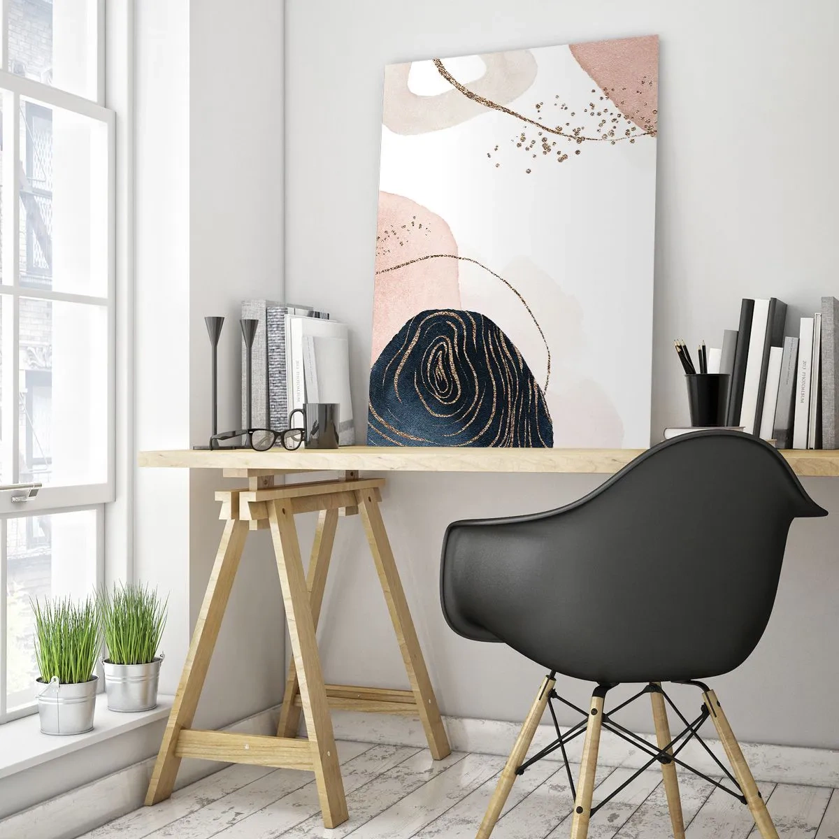 Glasbild - Bild auf glas - Abstrakte Formen in Beige- und Marineblautönen mit goldenen Details - 80x120cm - Alles fließt - Moderne Wanddekoration für Wohnzimmer und Schlafzimmer ARTTOR