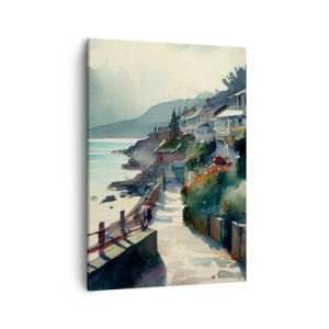 Bild auf Leinwand - Leinwandbild - Strandpromenade mit Häusern und Vegetation - 50x70cm - Mittelmeerstadt - Moderne Wanddekoration für Wohnzimmer und Schlafzimmer ARTTOR