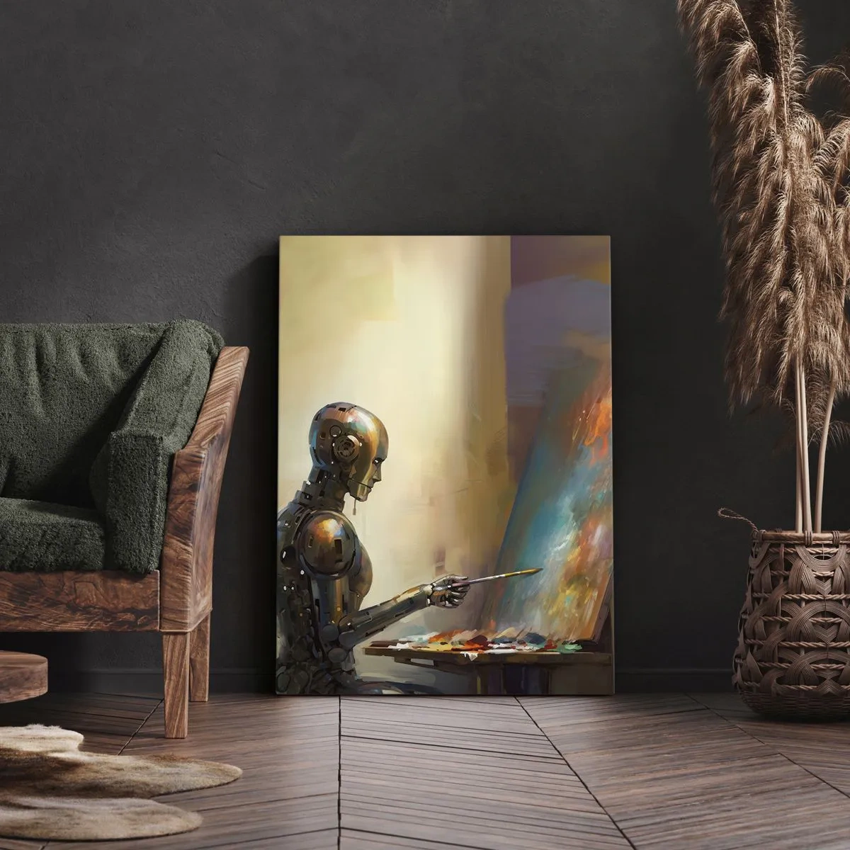 Bild auf Leinwand - Leinwandbild - Ein Roboter, der im künstlerischen Stil auf einer Leinwand malt - 50x70cm - Die Kunst der Zukunft - Moderne Wanddekoration für Wohnzimmer und Schlafzimmer ARTTOR