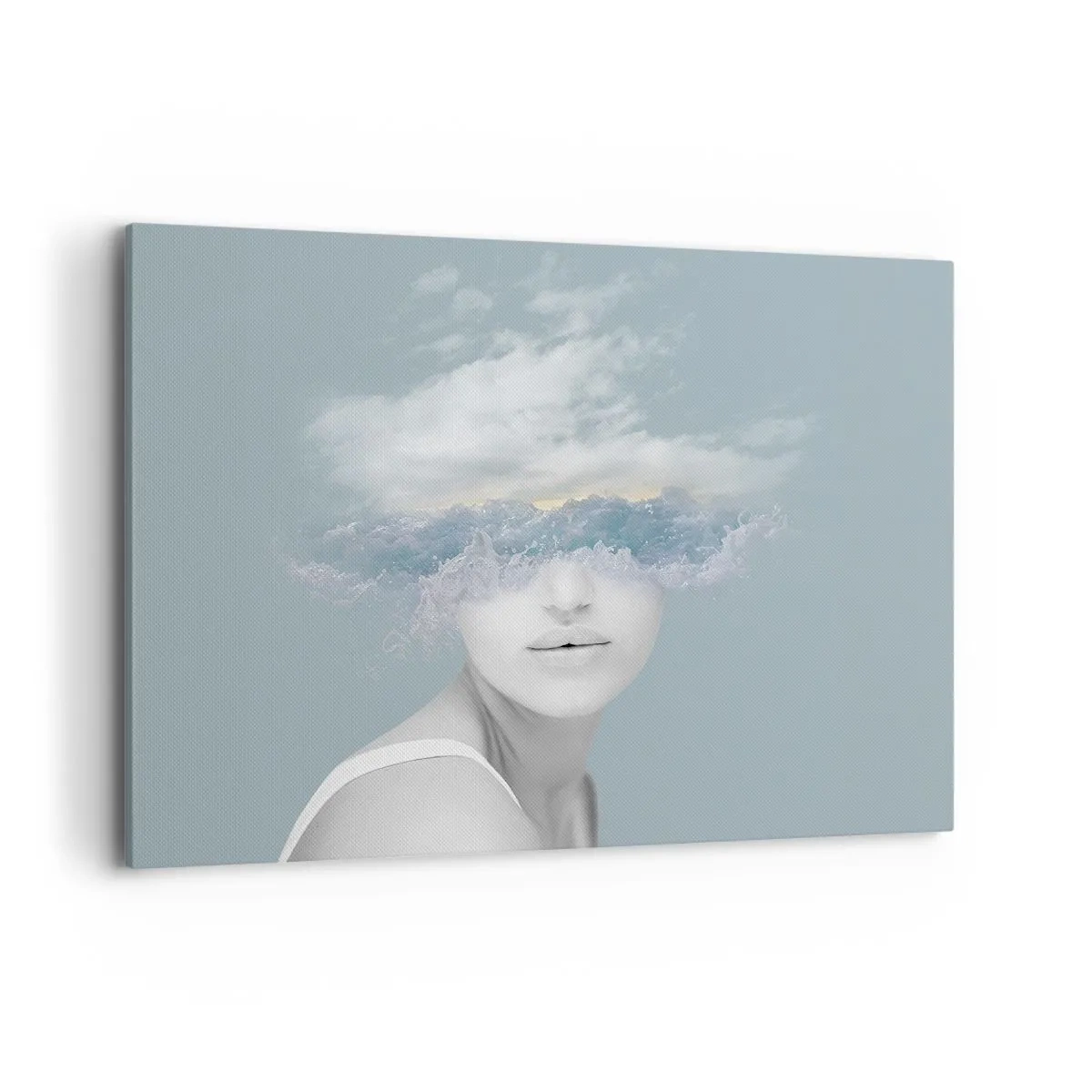 Bild auf Leinwand - Leinwandbild - Porträt einer Frau, deren Gesicht hinter Wolken und Wellen verborgen ist - 100x70cm - Mit dem Kopf in den Wolken - Moderne Wanddekoration für Wohnzimmer und Schlafzimmer ARTTOR