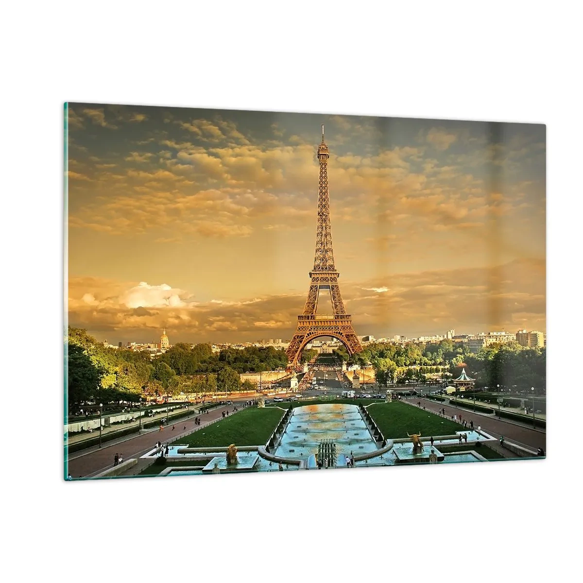 Glasbild - Bild auf glas - Der Eiffelturm, umgeben von Pariser Gärten bei Sonnenuntergang - 120x80cm - Königin von Paris - Moderne Wanddekoration für Wohnzimmer und Schlafzimmer ARTTOR