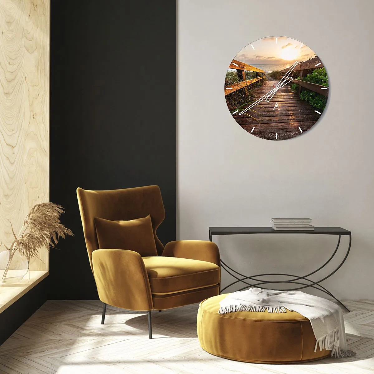 Wanduhr - Glasuhr - Holzsteg zum Strand bei Sonnenuntergang - 30x30cm - Und direkt ans Ufer - Moderne Wanddekoration für Wohnzimmer, Küche und Schlafzimmer ARTTOR