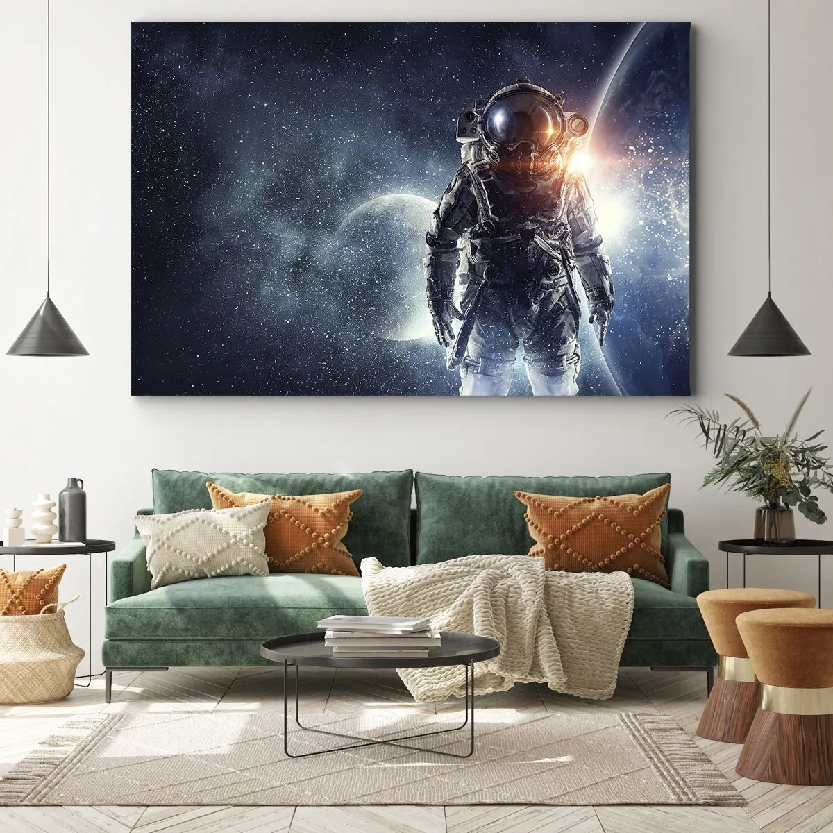 Bild auf Leinwand - Leinwandbild - Astronaut vor dem Hintergrund des Weltraums und des Planeten Erde - 70x50cm - Weltraumabenteuer - Moderne Wanddekoration für Wohnzimmer und Schlafzimmer ARTTOR