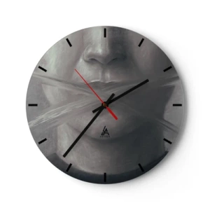 Wanduhr - Glasuhr - Schwarz-Weiß-Porträt mit einem mit einem Pinselkreuz bedeckten Mund - 30x30cm - Ohne ein Wort - Moderne Wanddekoration für Wohnzimmer, Küche und Schlafzimmer ARTTOR