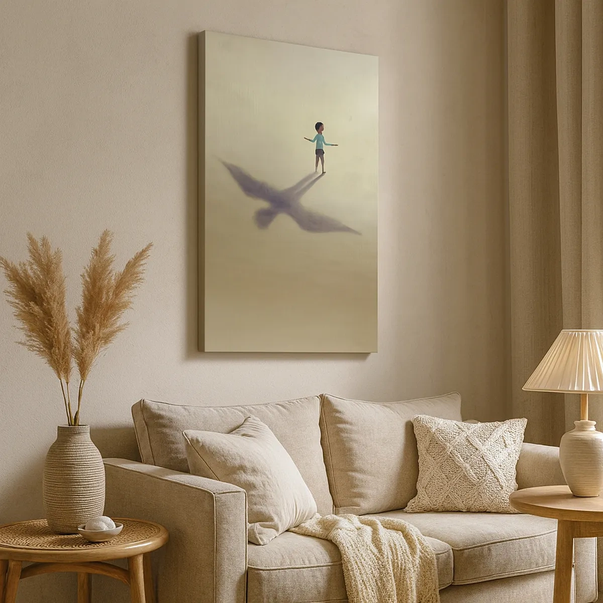 Bild auf Leinwand - Leinwandbild - Eine symbolische Figur eines Kindes mit dem Schatten eines Vogels vor einem Hintergrund in warmen Farbtönen. - 50x70cm - Der Held der Zukunft - Moderne Wanddekoration für Wohnzimmer und Schlafzimmer ARTTOR