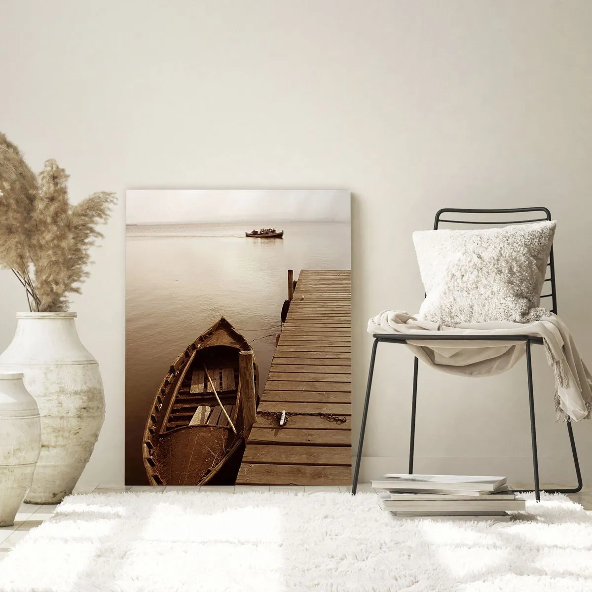 Glasbild - Bild auf glas - Holzsteg und Boot auf einem ruhigen See - 70x100cm - Großer Frieden - Moderne Wanddekoration für Wohnzimmer und Schlafzimmer ARTTOR