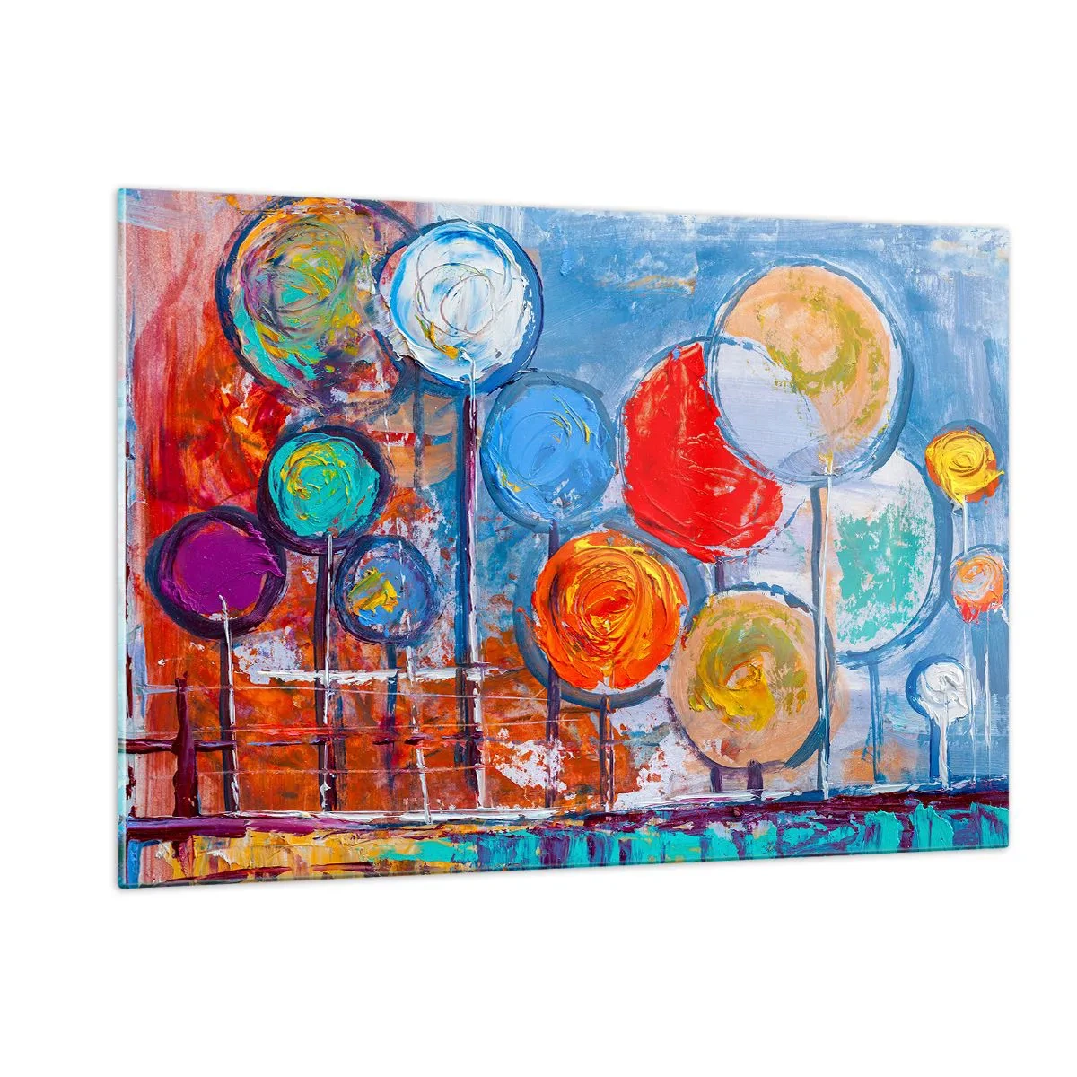 Glasbild - Bild auf glas - Bunte, abstrakte Bäume, die gegen den Himmel gemalt sind - 120x80cm - Wunder am Stiel - Moderne Wanddekoration für Wohnzimmer und Schlafzimmer ARTTOR