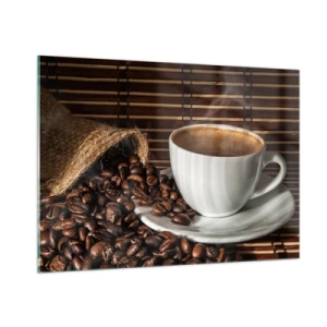 Glasbild - Bild auf glas - Eine Tasse Kaffee mit Bohnen auf rustikalem Hintergrund - 100x70cm - Die Schwärze von Kohle, die Klarheit von Bernstein - Moderne Wanddekoration für Wohnzimmer und Schlafzimmer ARTTOR