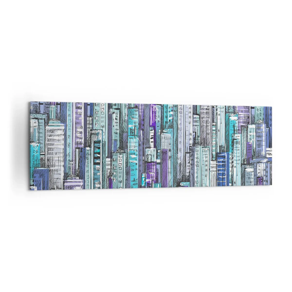Bild auf Leinwand - Leinwandbild - Illustration einer Stadt mit geometrischen Gebäuden in Blau- und Lilatönen. - 160x50cm - Bläulich von dem Himmel - Moderne Wanddekoration für Wohnzimmer und Schlafzimmer ARTTOR
