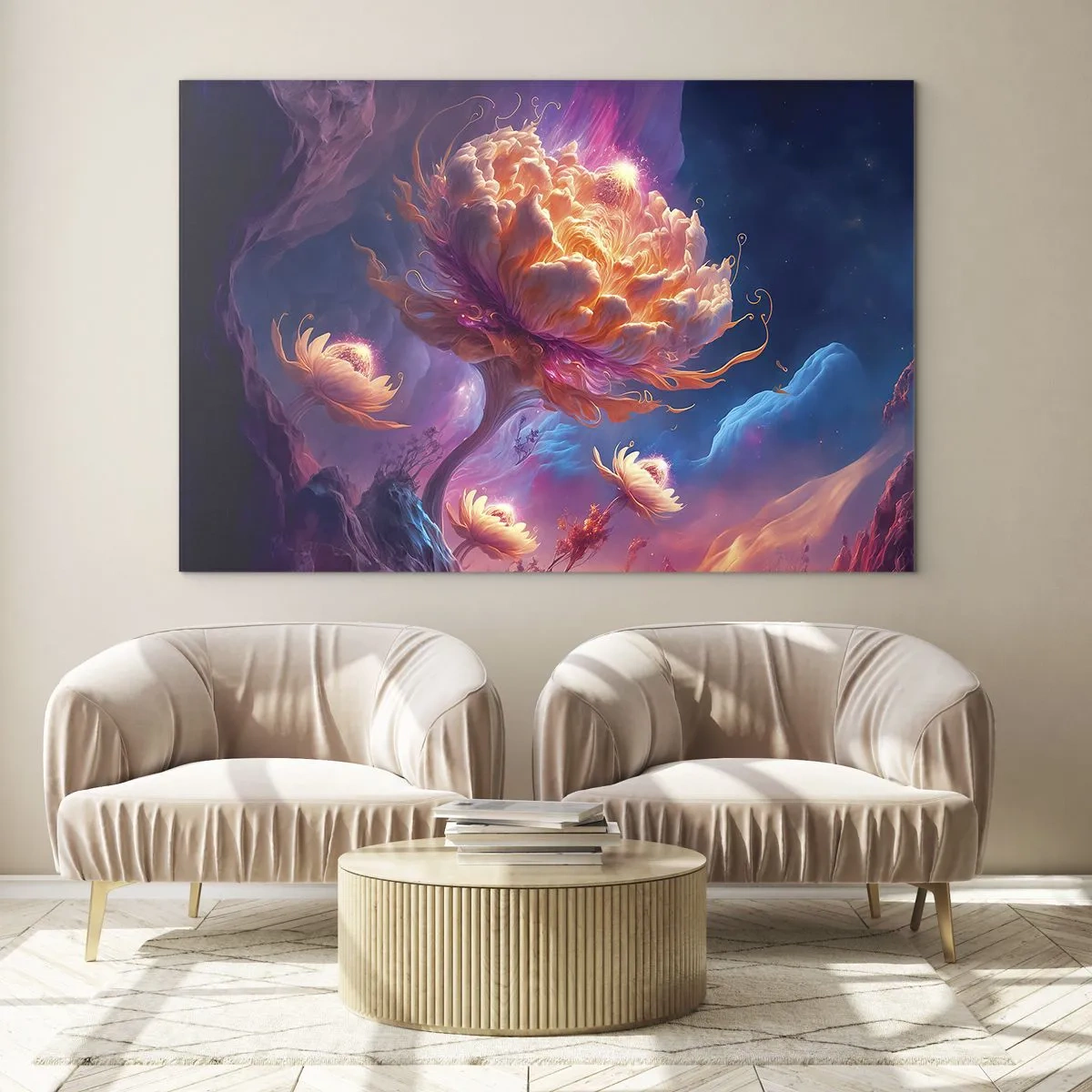 Glasbild - Bild auf glas - Eine fantastische Blume, die in einer kosmischen Umgebung schwebt - 70x50cm - Andere Welt - Moderne Wanddekoration für Wohnzimmer und Schlafzimmer ARTTOR