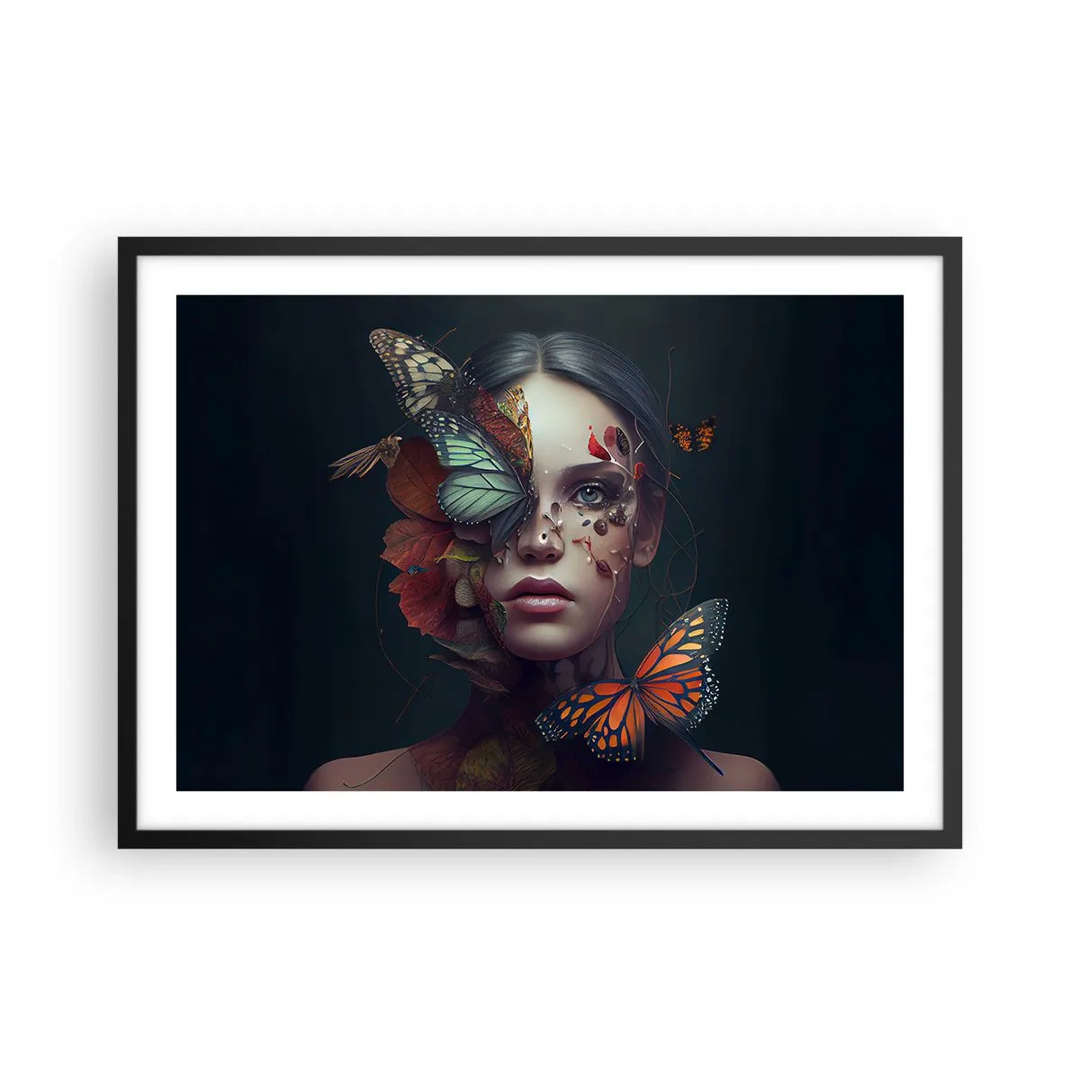 Poster in einem schwarzem Rahmen - Porträt einer Frau mit Schmetterlingen und Pflanzenelementen - 70x50cm - Wunderbare Metamorphose - Moderne Wanddekoration für Wohnzimmer und Schlafzimmer ARTTOR