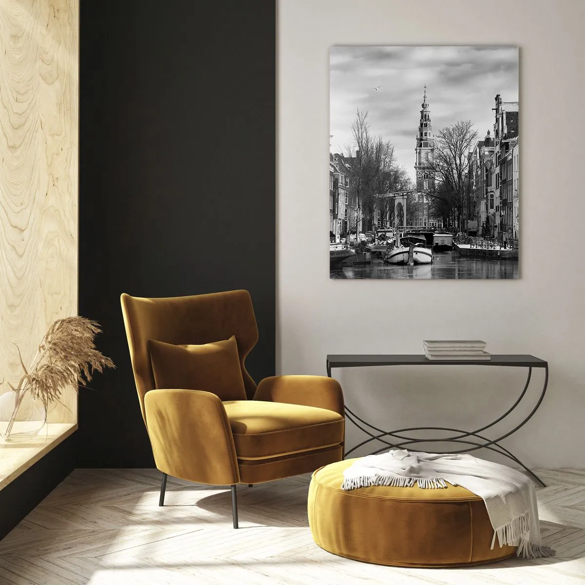 Glasbild - Bild auf glas - Schwarz-Weiß-Panorama von Amsterdam mit Kanal und historischen Gebäuden - 70x100cm - Amsterdamer Atmosphäre - Moderne Wanddekoration für Wohnzimmer und Schlafzimmer ARTTOR