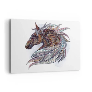 Bild auf Leinwand - Leinwandbild - Ein geometrisches Pferd mit einer farbenfrohen, detaillierten Mähne - 120x80cm - Keltisches Kriegsross - Moderne Wanddekoration für Wohnzimmer und Schlafzimmer ARTTOR