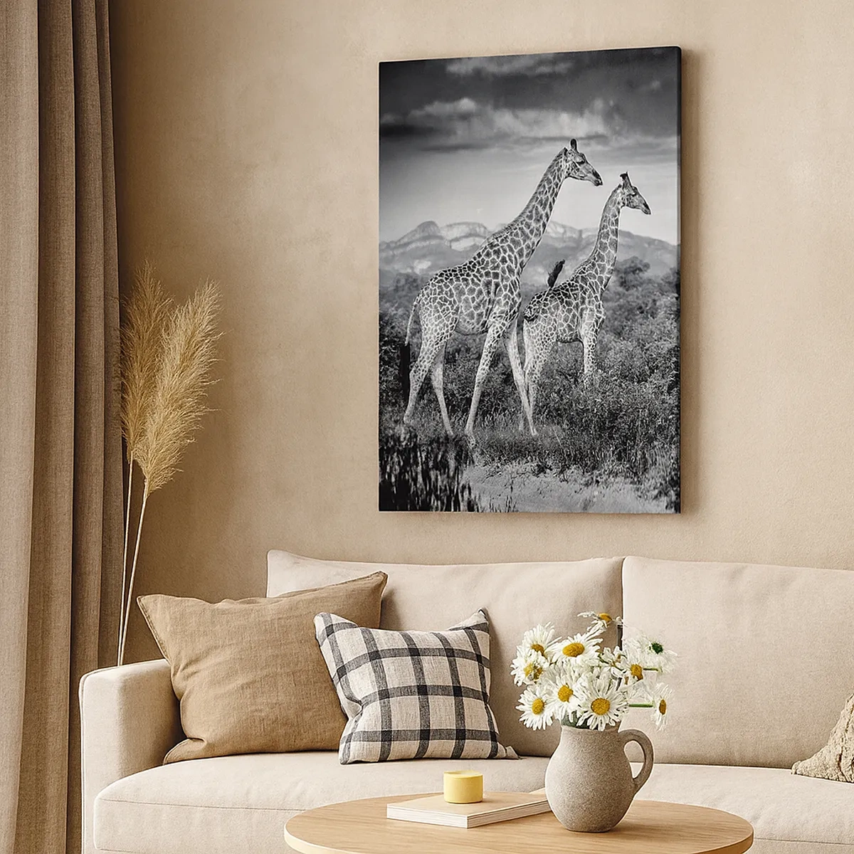 Bild auf Leinwand - Leinwandbild - Schwarz-weiße Silhouetten zweier Giraffen in der Savanne - 50x70cm - Hohe Sphären in Afrika - Moderne Wanddekoration für Wohnzimmer und Schlafzimmer ARTTOR