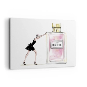 Bild auf Leinwand - Leinwandbild - Eine Frau in einem schwarzen Kleid neben einer Parfümflasche - 100x70cm - Essenz der Weiblichkeit - Moderne Wanddekoration für Wohnzimmer und Schlafzimmer ARTTOR