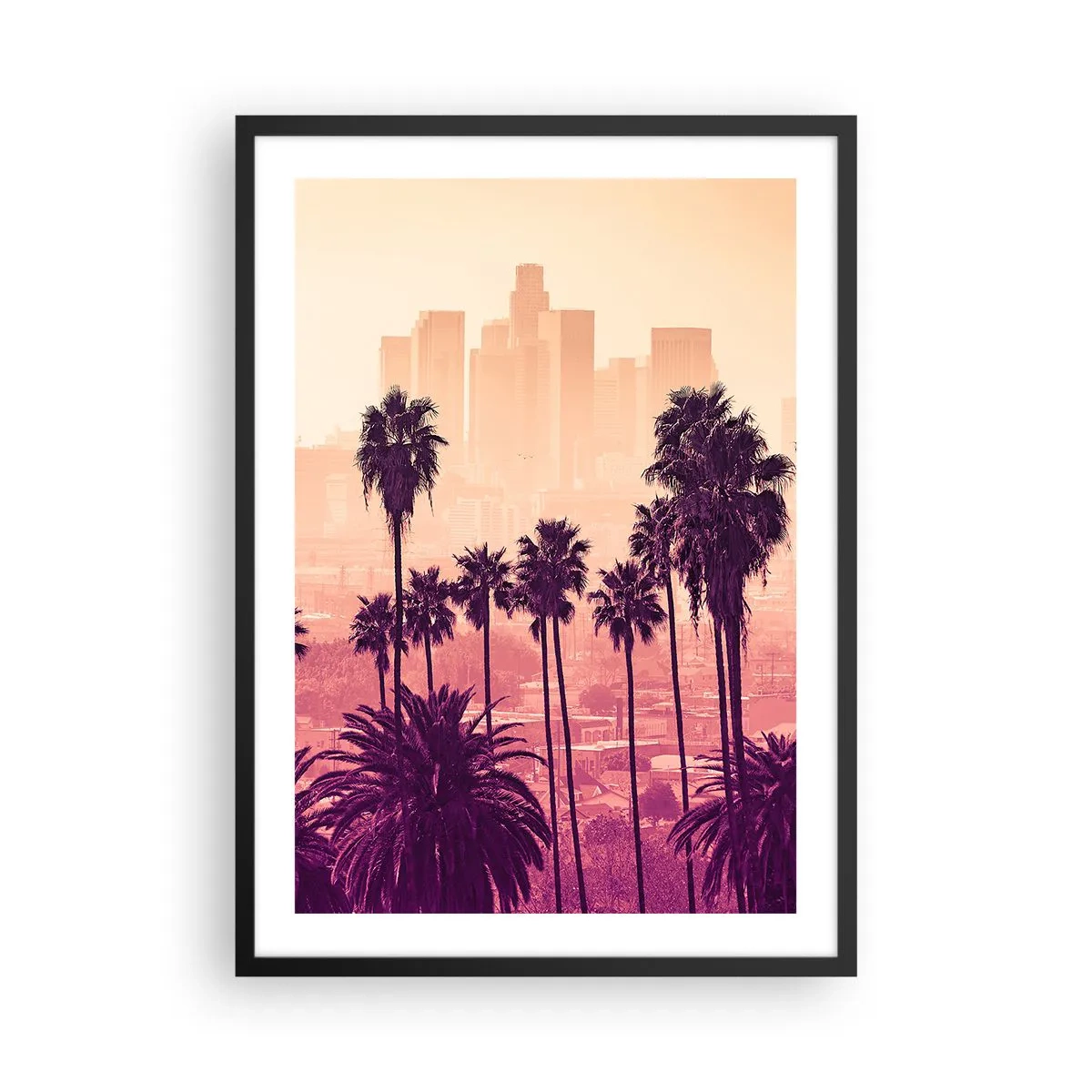 Poster in einem schwarzem Rahmen - Palmen vor der Kulisse der Stadt in der untergehenden Sonne - 50x70cm - Kalifornische Landschaft - Moderne Wanddekoration für Wohnzimmer und Schlafzimmer ARTTOR