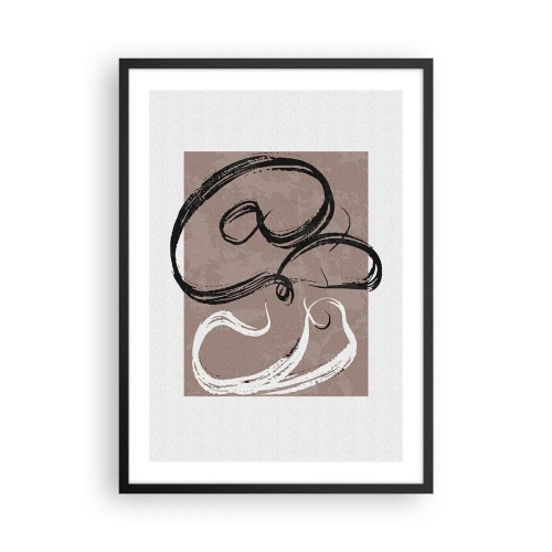 Poster in einem schwarzem Rahmen - Abstrakte Komposition mit dynamischen Pinselstrichen in Schwarzweiß auf braunem Hintergrund. - 50x70cm - Komposition – die Suche nach Fülle - Moderne Wanddekoration für Wohnzimmer und Schlafzimmer ARTTOR