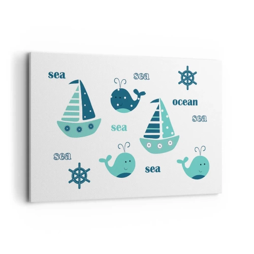 Bild auf Leinwand - Leinwandbild - Bezaubernde nautische Motive mit Walen und Segelbooten - 120x80cm - Über die Meere und Ozeane - Moderne Wanddekoration für Wohnzimmer und Schlafzimmer ARTTOR