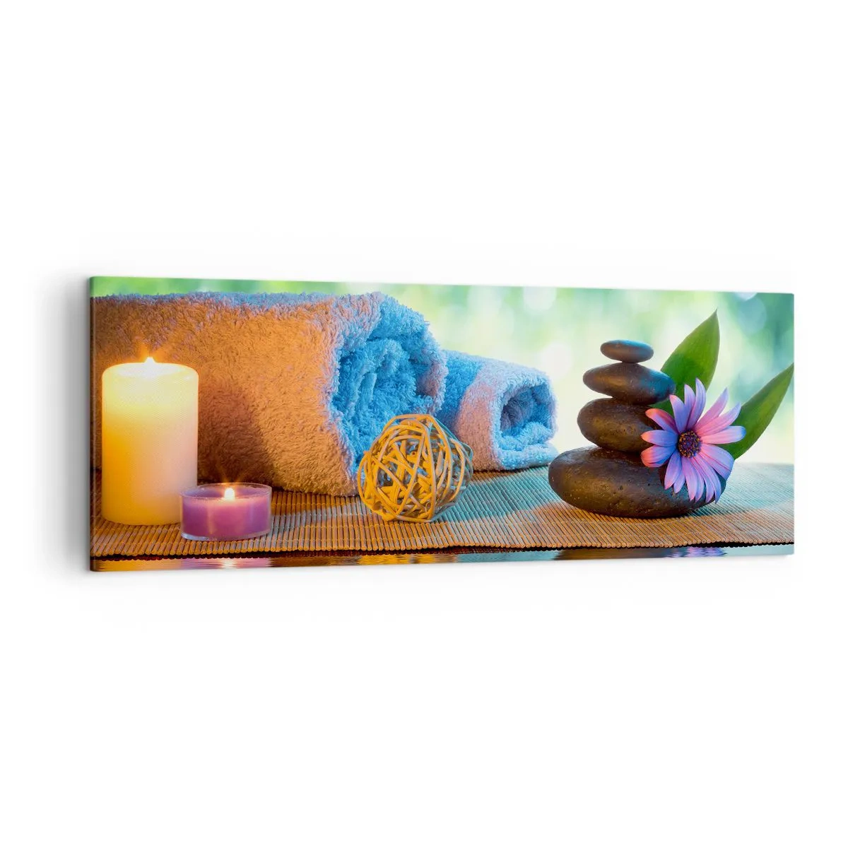 Bild auf Leinwand - Leinwandbild - Entspannendes SPA-Set mit Handtüchern, Kerzen und Steinen - 140x50cm - Zeit für den Körper - Moderne Wanddekoration für Wohnzimmer und Schlafzimmer ARTTOR