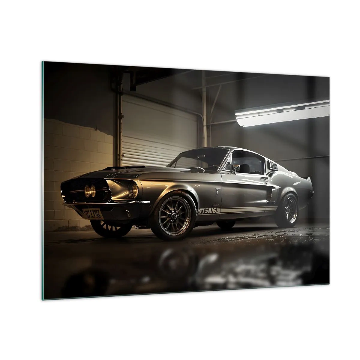 Glasbild - Bild auf glas - Oldtimer in Garage unter Industriebeleuchtung - 100x70cm - Zurück in die Vergangenheit - Moderne Wanddekoration für Wohnzimmer und Schlafzimmer ARTTOR
