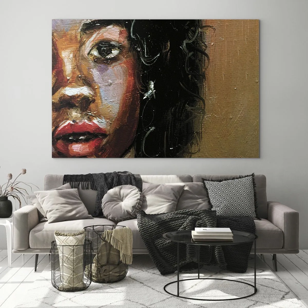 Glasbild - Bild auf glas - Fragment eines farbenfrohen Frauenporträts im malerischen Stil - 70x50cm - Schwarz und Glanz - Moderne Wanddekoration für Wohnzimmer und Schlafzimmer ARTTOR