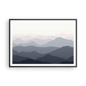 Poster in einem schwarzem Rahmen - Dezente Bergschichten in Grau- und Blautönen - 100x70cm - Wellen der Berge - Moderne Wanddekoration für Wohnzimmer und Schlafzimmer ARTTOR