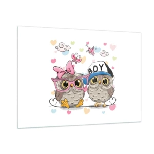 Glasbild - Bild auf glas - Ein Paar fröhlicher Eulen in einer Pastellkomposition - 100x70cm - Lass uns Liebe machen! - Moderne Wanddekoration für Wohnzimmer und Schlafzimmer ARTTOR