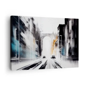 Bild auf Leinwand - Leinwandbild - Abstraktes Stadtpanorama mit einer Bogenbrücke - 70x50cm - Stadtstudie: Architektur und Bewegung - Moderne Wanddekoration für Wohnzimmer und Schlafzimmer ARTTOR