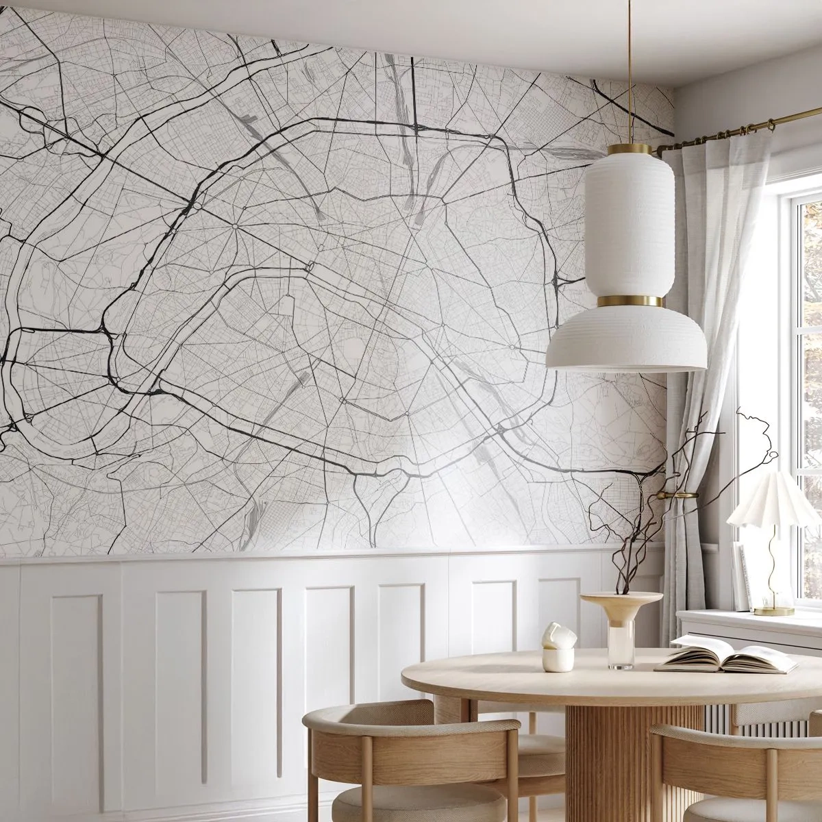 Fototapete Premium Sand - Eine minimalistische Straßenkarte in Schwarz- und Weißtönen. - 100x70cm - Pariser Blume - Moderne Wanddekoration für Wohnzimmer und Schlafzimmer ARTTOR