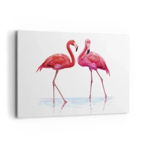 Bild auf Leinwand - Leinwandbild - Ein Flamingopaar im Wasser vor hellem Hintergrund - 100x70cm - Rosa randez-vous - Moderne Wanddekoration für Wohnzimmer und Schlafzimmer ARTTOR