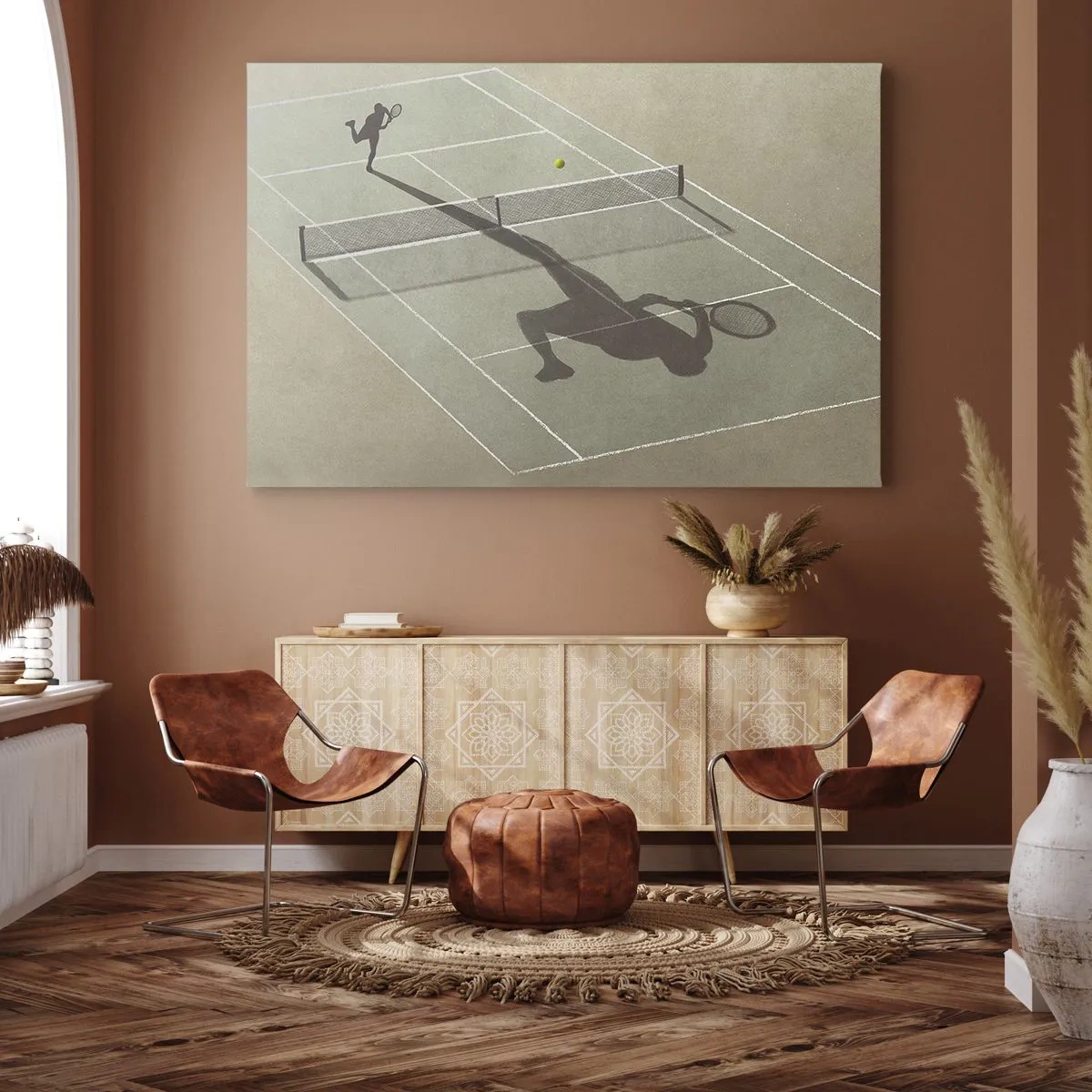 Bild auf Leinwand - Leinwandbild - Der Schatten eines Tennisspielers auf dem Platz während eines Tennisspiels - 100x70cm - Überwinde dich selbst - Moderne Wanddekoration für Wohnzimmer und Schlafzimmer ARTTOR