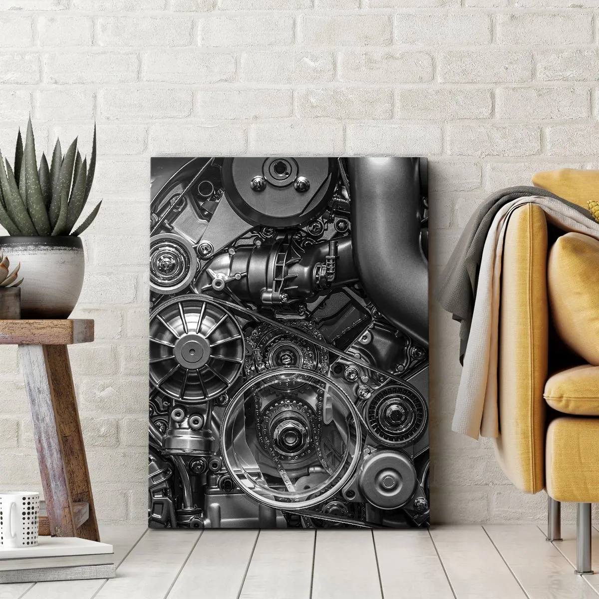 Bild auf Leinwand - Leinwandbild - Schwarz-Weiß-Nahaufnahme der mechanischen Details eines Automotors. - 50x70cm - Die Poesie der Mechanik - Moderne Wanddekoration für Wohnzimmer und Schlafzimmer ARTTOR