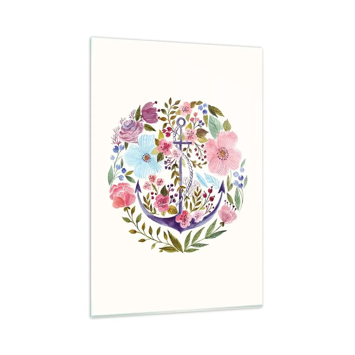 Glasbild - Bild auf glas - Ein Anker, umgeben von Aquarellblumen auf hellem Hintergrund - 80x120cm - Guter Traum eines Seemanns - Moderne Wanddekoration für Wohnzimmer und Schlafzimmer ARTTOR