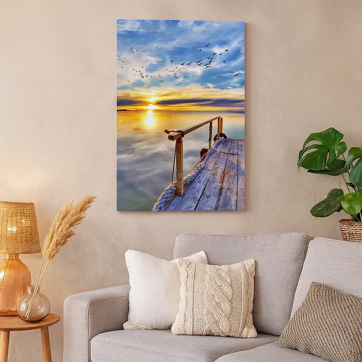 Bild auf Leinwand - Leinwandbild - Holzsteg über dem See bei Sonnenuntergang - 50x70cm - Der Wind geht zur Ruhe - Moderne Wanddekoration für Wohnzimmer und Schlafzimmer ARTTOR