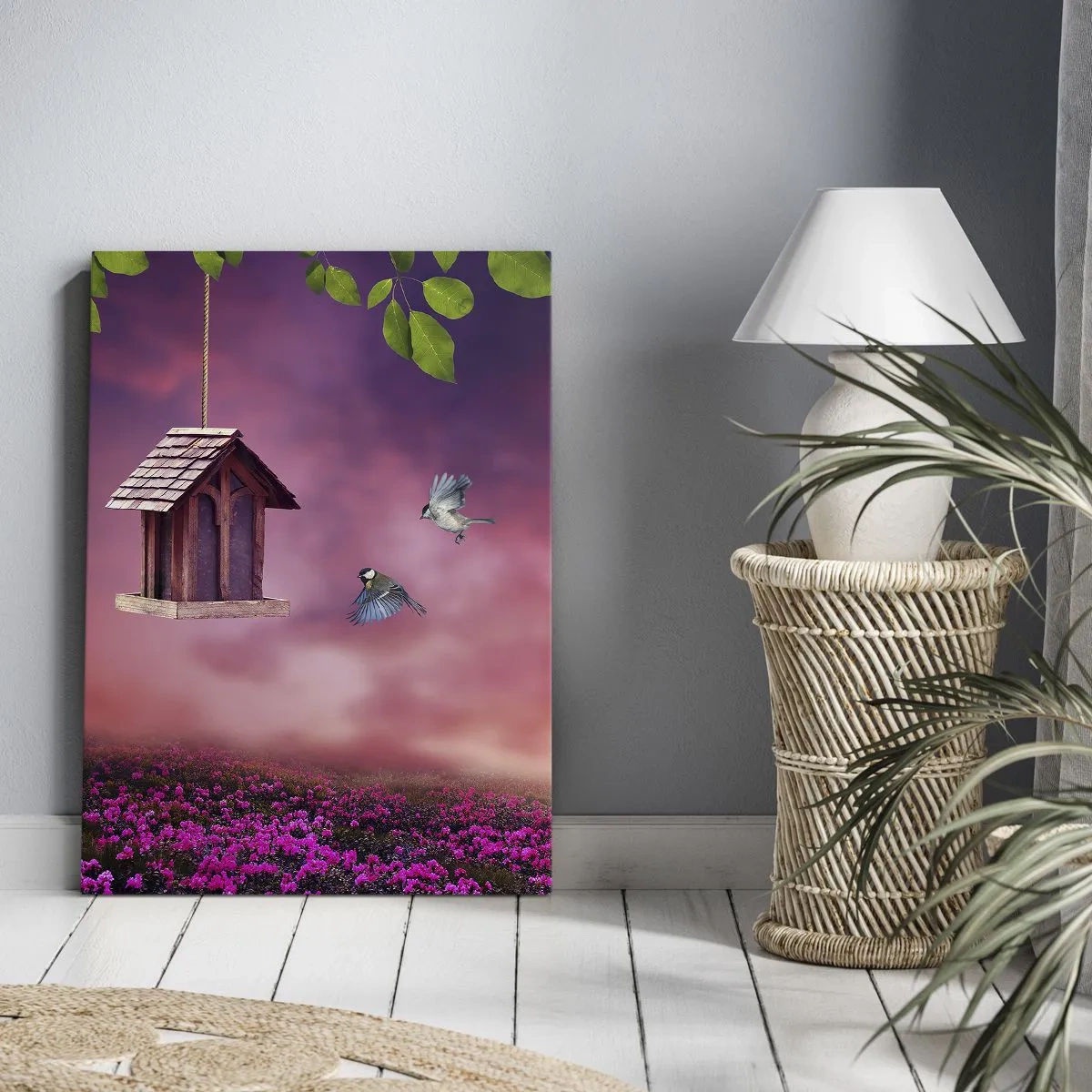 Bild auf Leinwand - Leinwandbild - Eine malerische Landschaft mit einem Vogelhaus und einem Sonnenuntergang - 50x70cm - Einladung zum Abendessen - Moderne Wanddekoration für Wohnzimmer und Schlafzimmer ARTTOR