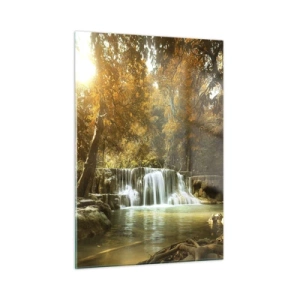 Glasbild - Bild auf glas - Ein Wasserfall in einem Park, umgeben von Bäumen in Herbstfarben - 50x70cm - Parkkaskade - Moderne Wanddekoration für Wohnzimmer und Schlafzimmer ARTTOR