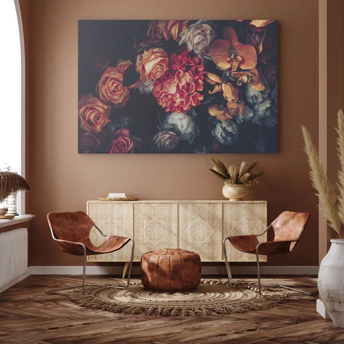 Bild auf Leinwand - Leinwandbild - Ein Strauß verschiedener Blumen in dunklen Tönen - 120x80cm - Wie bei den holländischen Meistern - Moderne Wanddekoration für Wohnzimmer und Schlafzimmer ARTTOR
