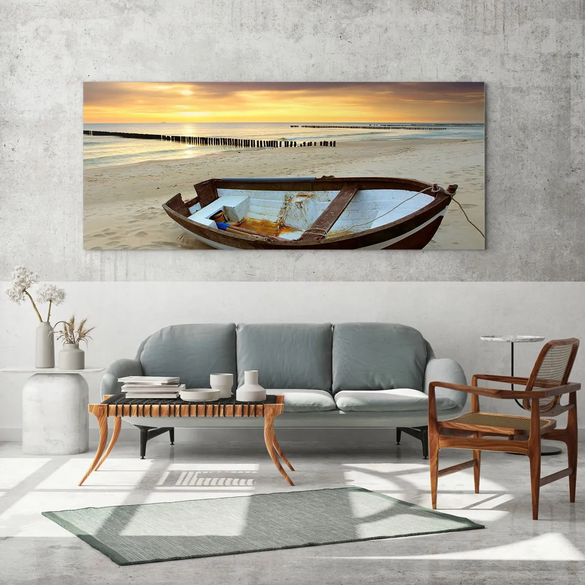 Glasbild - Bild auf glas - Ein Boot an einem Sandstrand bei Sonnenuntergang - 160x50cm - Es gibt keine schöneren Strände - Moderne Wanddekoration für Wohnzimmer und Schlafzimmer ARTTOR