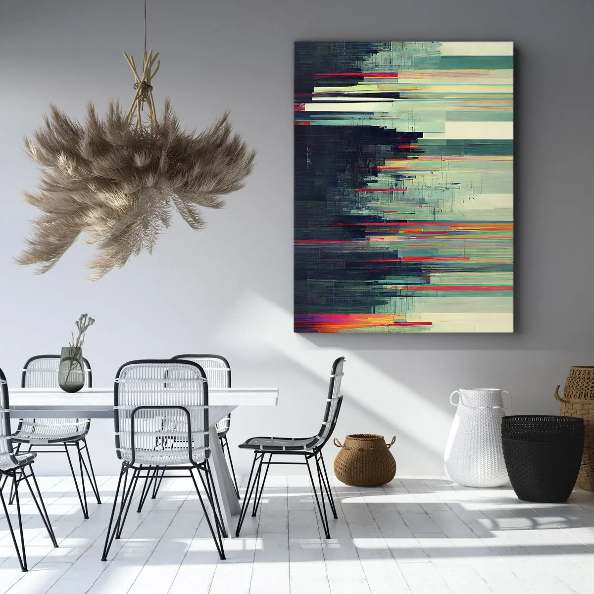 Bild auf Leinwand - Leinwandbild - Abstraktion mit vertikalen Linien und einer Stadtsilhouette - 50x70cm - Futuristische Stadt - Moderne Wanddekoration für Wohnzimmer und Schlafzimmer ARTTOR