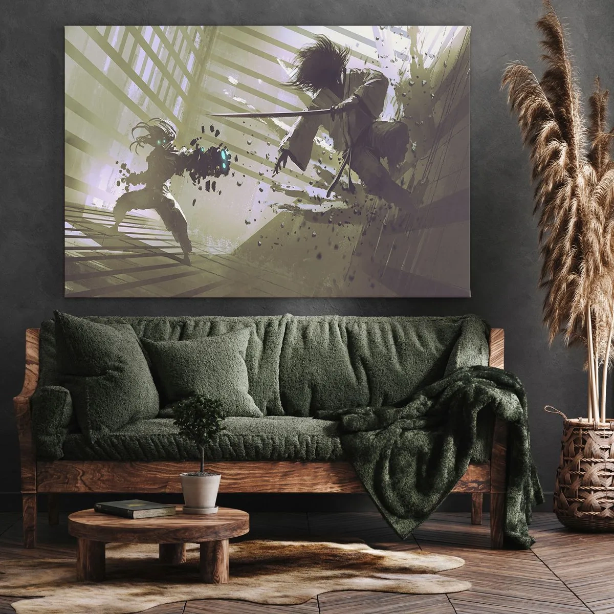 Bild auf Leinwand - Leinwandbild - Dynamischer Kampf zwischen zwei Charakteren im futuristischen Stil - 100x70cm - Und du kannst ein Samurai sein - Moderne Wanddekoration für Wohnzimmer und Schlafzimmer ARTTOR
