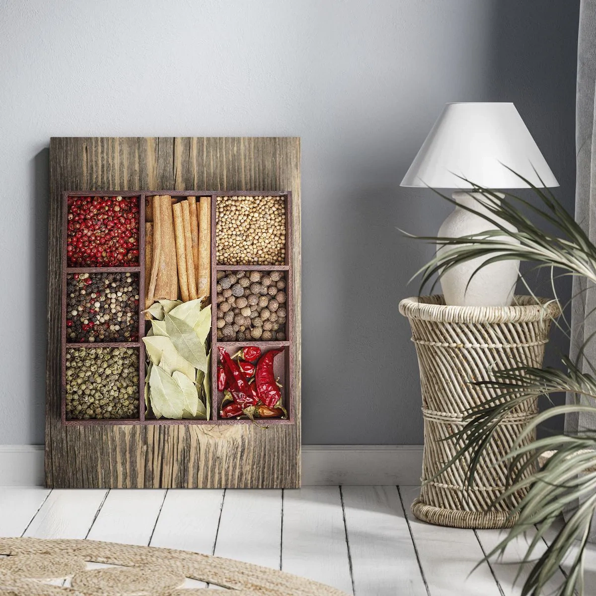 Bild auf Leinwand - Leinwandbild - Holzkiste mit verschiedenen Gewürzen in Fächern - 80x120cm - Ordnung der Formen, Bouquet von Aromen - Moderne Wanddekoration für Wohnzimmer und Schlafzimmer ARTTOR