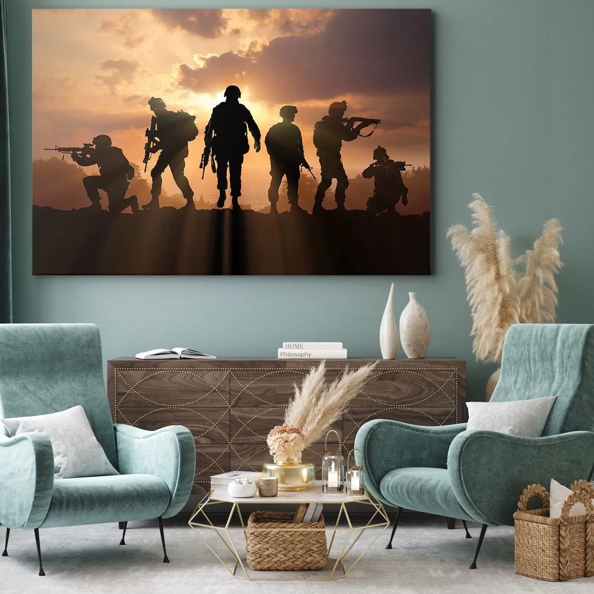 Bild auf Leinwand - Leinwandbild - Soldaten vor dem Hintergrund der untergehenden Sonne in einer dynamischen Umgebung - 70x50cm - Waffenbrüder - Moderne Wanddekoration für Wohnzimmer und Schlafzimmer ARTTOR