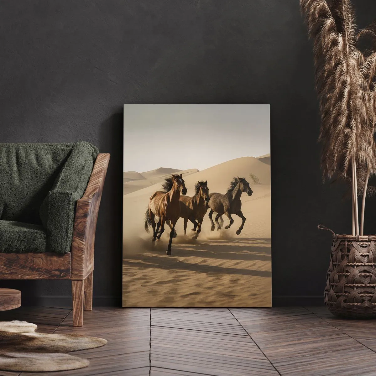 Bild auf Leinwand - Leinwandbild - Galoppierende Pferde vor Wüstenhintergrund - 50x70cm - Frei wie der Wind - Moderne Wanddekoration für Wohnzimmer und Schlafzimmer ARTTOR