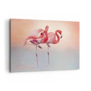 Bild auf Leinwand - Leinwandbild - Flamingos in zarten Pastellfarben auf Wasserhintergrund - 120x80cm - Die Farbe der untergehenden Sonne - Moderne Wanddekoration für Wohnzimmer und Schlafzimmer ARTTOR