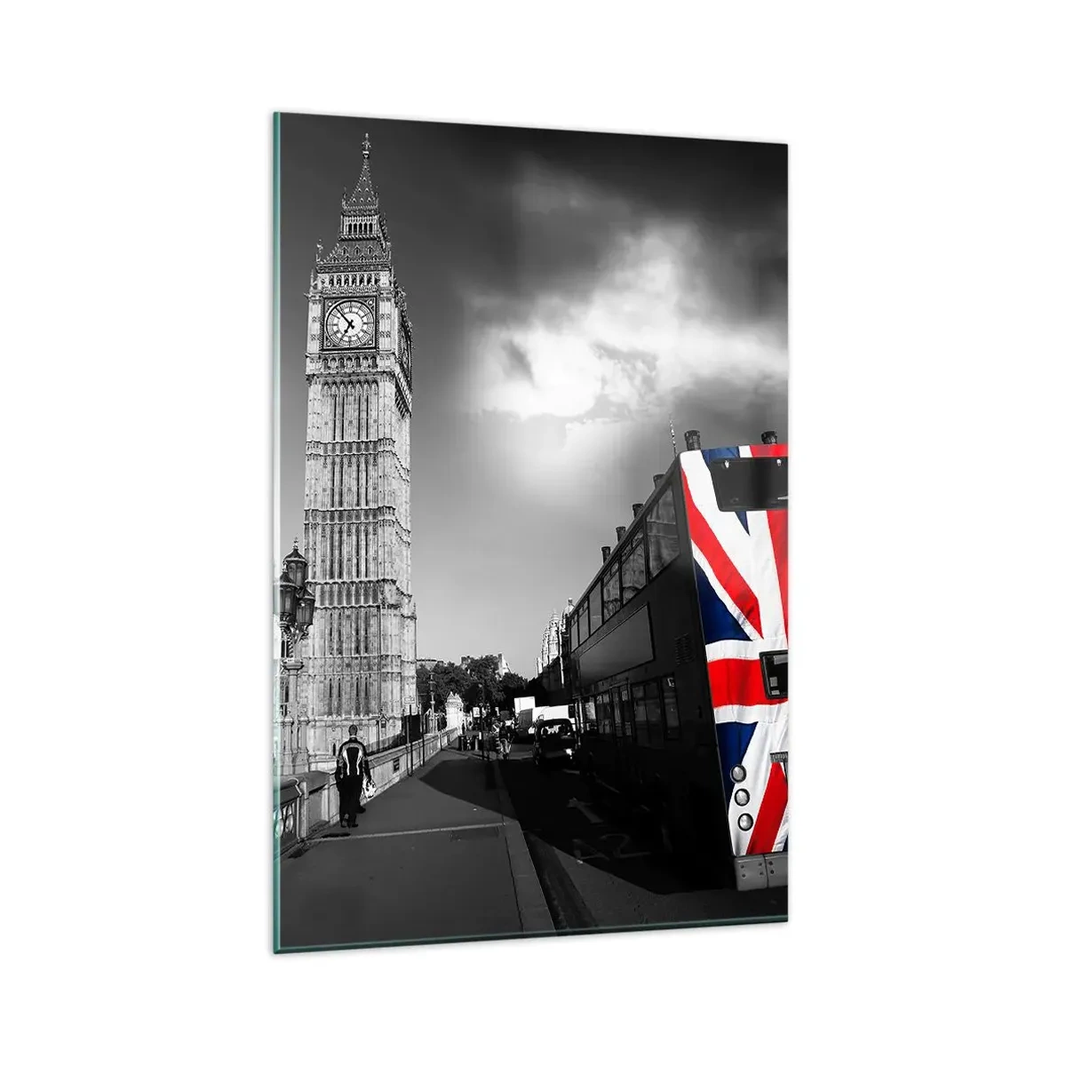 Glasbild - Bild auf glas - Big Ben und ein Bus mit britischer Flagge vor schwarz-weißem Hintergrund - 80x120cm - Stolz und toll - Moderne Wanddekoration für Wohnzimmer und Schlafzimmer ARTTOR