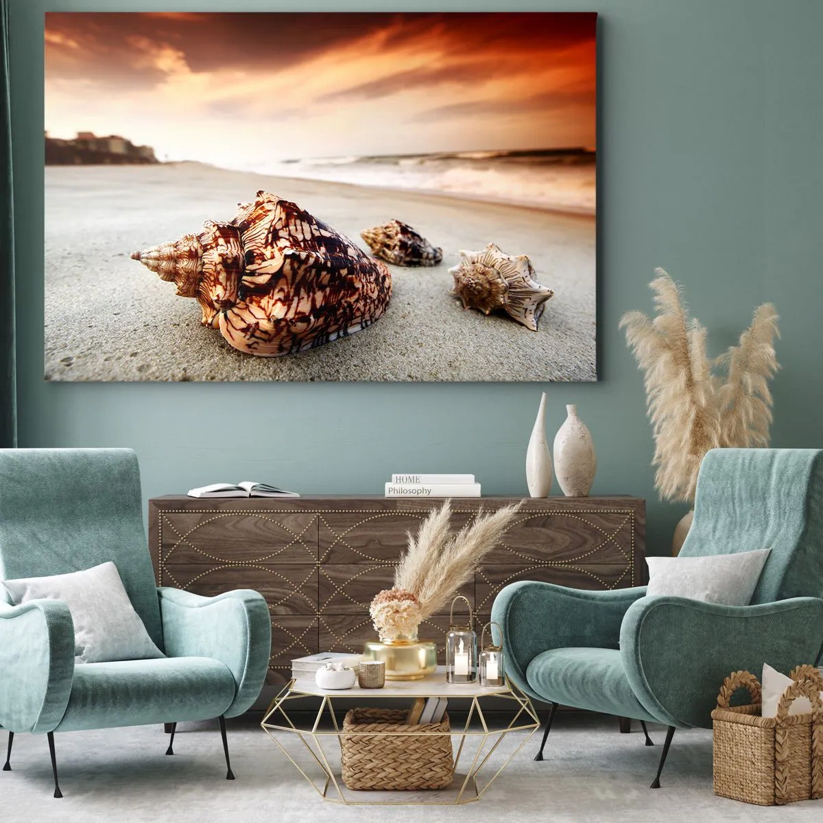 Bild auf Leinwand - Leinwandbild - Muscheln am Strand bei Sonnenuntergang - 70x50cm - Ausgestoßene von Wellen - Moderne Wanddekoration für Wohnzimmer und Schlafzimmer ARTTOR